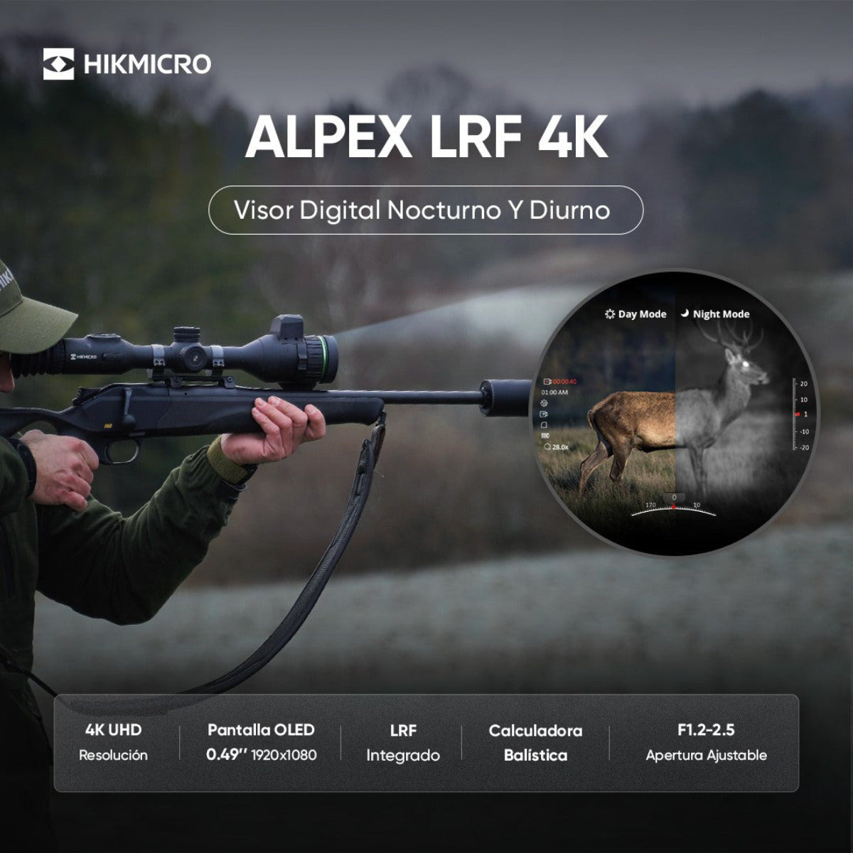Visor nocturno diurno digital Hikmicro 4K Alpex LRF A50EL Telémetro