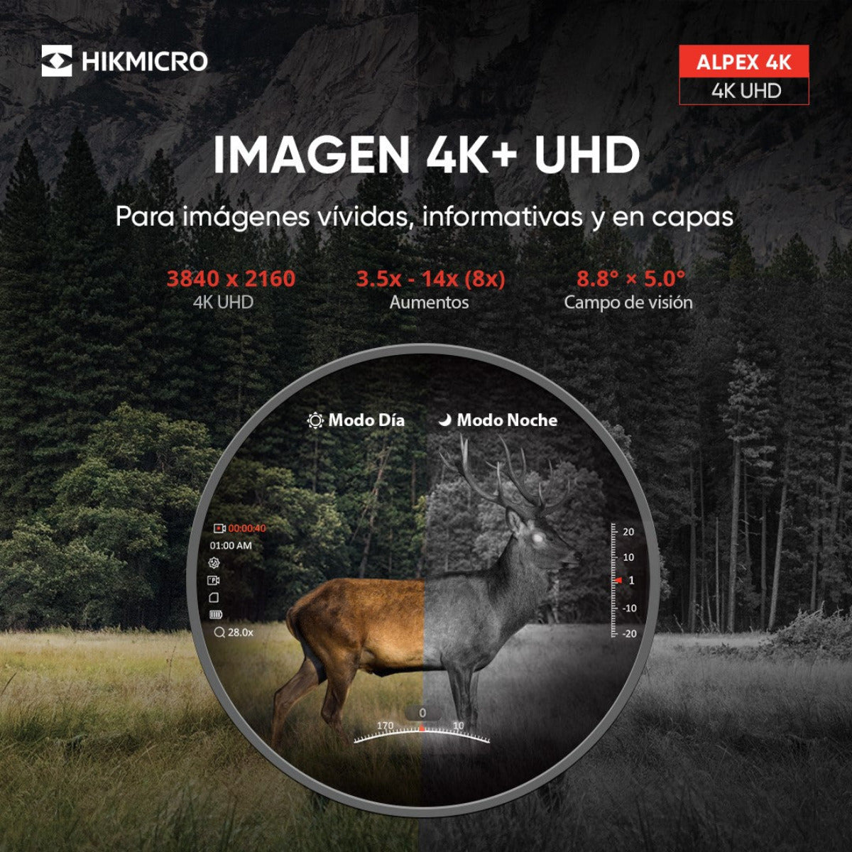 Visor nocturno diurno digital Hikmicro 4K Alpex LRF A50EL Telémetro