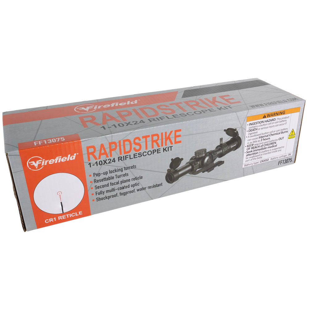 Visor Firefield RapidStrike 1-10x24 LPVO, en su embalaje