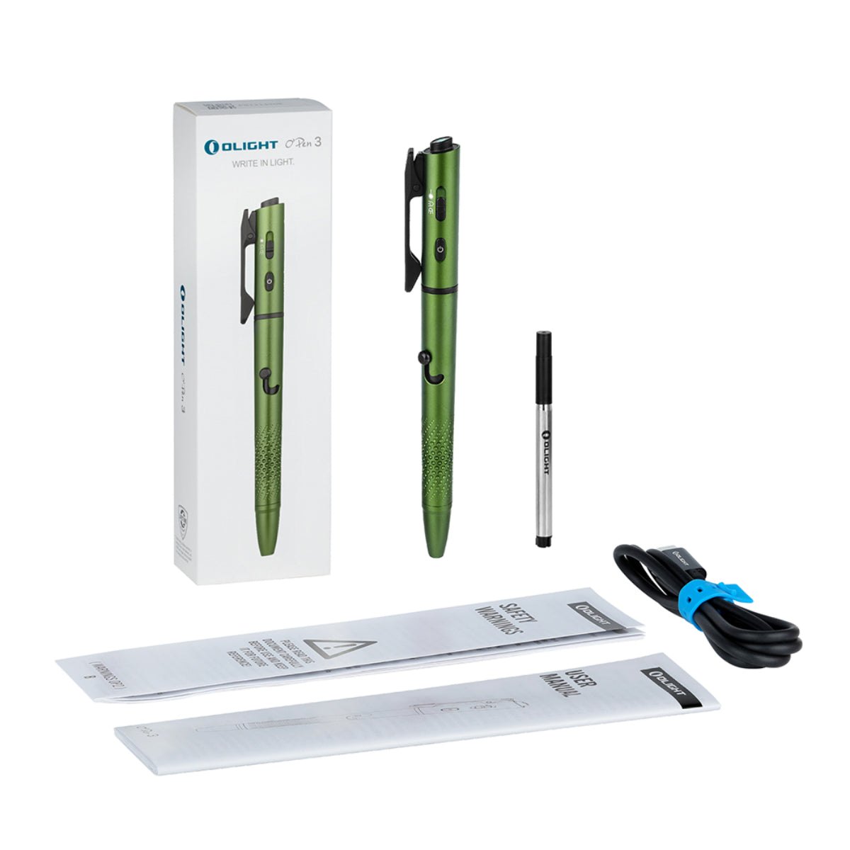 Linterna con bolígrafo Olight O'Pen 3 OD green imagen contenido caja