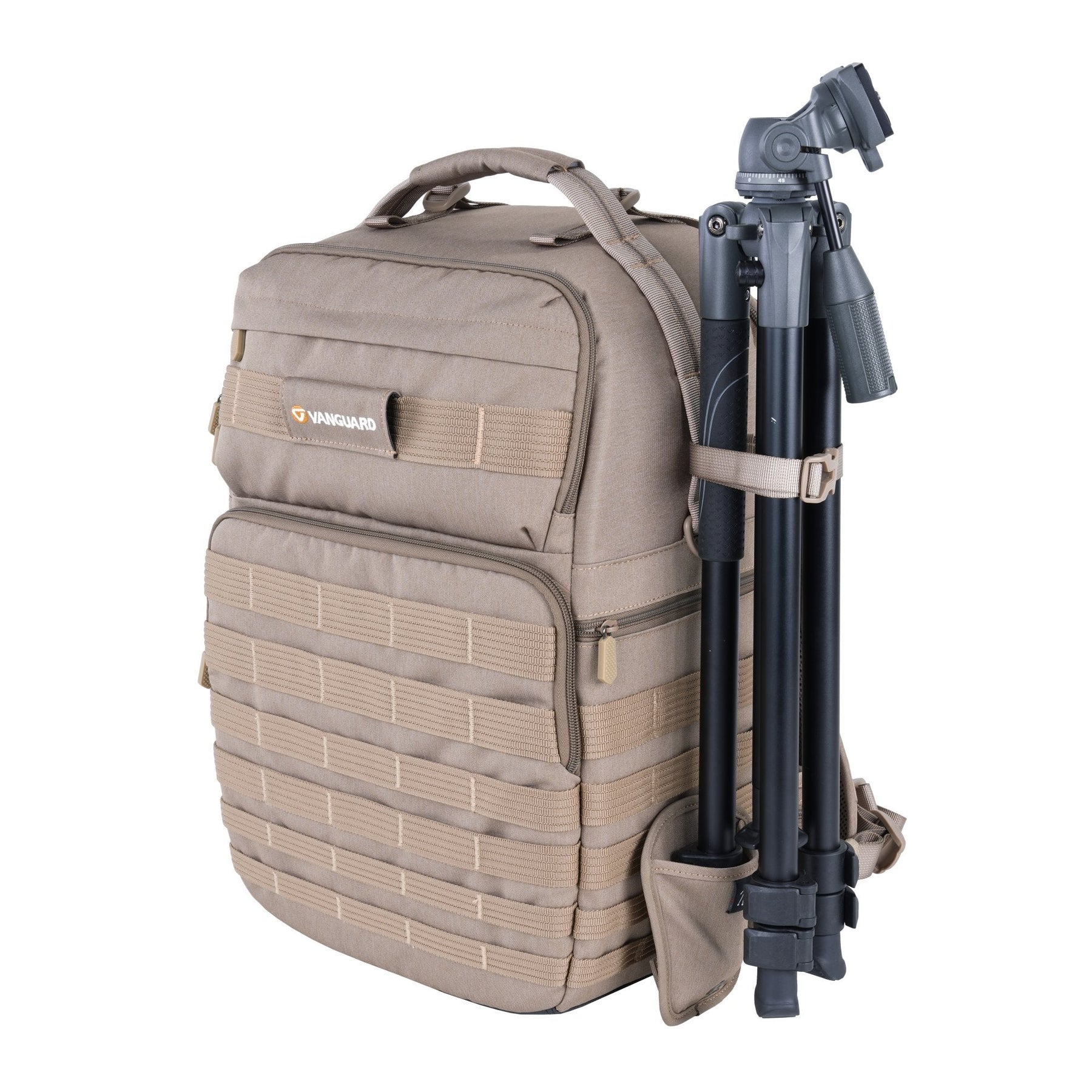 Mochila para cámara y equipo táctica Veo Range T48 BG, trípode en lateral