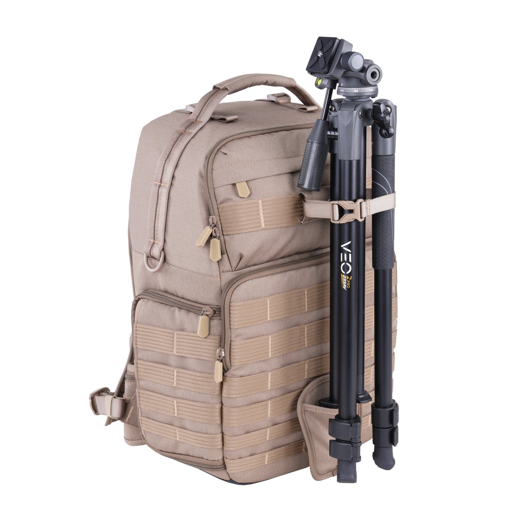 Mochila para cámara y equipo táctica Veo Range T48 BG, trípode en frontal