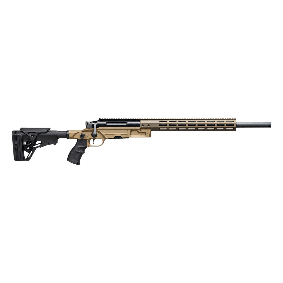 Rifle de precisión Haenel LR One con culata retráctil AR y guardamanos M-Lok en arena y negro