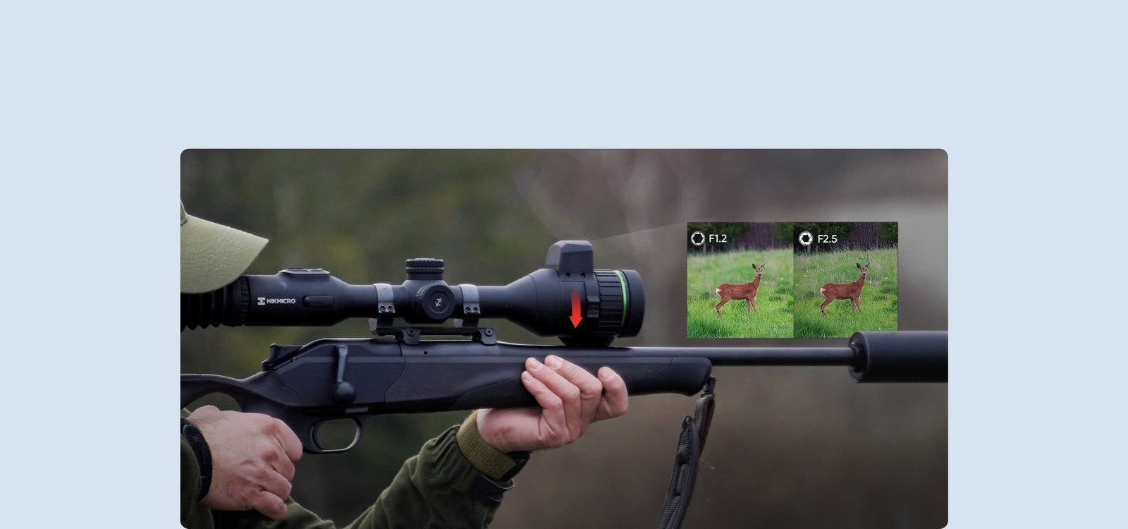 El obturador F1.2-F2.5 mejora la capacidad de identificación - Visor nocturno diurno digital Hikmicro 4K Alpex LRF A50EL con Telémetro